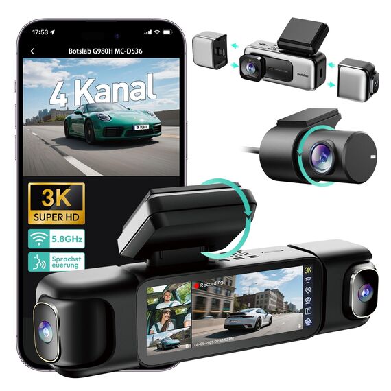BOTSLAB 4 Kanal Dashcam Auto Vorne Hinten Innen, 4 Channel 3K+3 * 1080P, Autokamera, GPS 5GHz WiFi,Super Nachtsicht,WDR,3.18" IPS-Bildschirm,G-Sensor,Loop-Aufnahme,Parküberwachung