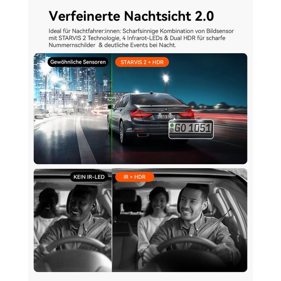 VANTRUE N2X 2.7K+1080P Dashcam Auto Vorne Innen, STARVIS 2 Dual HDR Nachtsicht Dash Cam, 2.5K/60FPS Front, GPS, 5GHz WiFi, App & Sprachsteuerung, DSGVO konform, 24/7 Parkmodus, G Sensor, max. 1TB