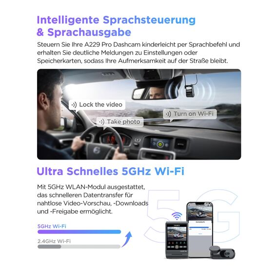 VIOFO A229 Pro 4K + 2K Dual STARVIS 2, HDR Vorne hinten Dashcam Auto, Sprachsteurung & 5GHz Wi-Fi Wlan Autokamera, Ultrapräzises GPS mit CPL Filter, Super Nachtsicht 2.0, Sprachausgabe, bis 512 GB Max