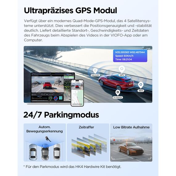 VIOFO A229 Plus 2K + 2K Dual STARVIS 2, HDR Vorne hinten Dashcam Auto, Sprachsteurung & 5GHz Wi-Fi WLAN Autokamera, Ultrapräzises GPS, Super Nachtsicht 2.0, 2,4” Großer LCD, Sprachausgabe, 512 GB Max