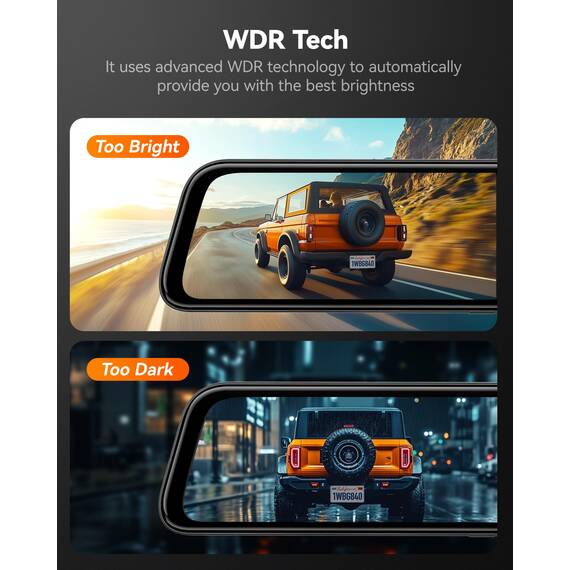WOLFBOX 12" G840S 4K Spiegel Dashcam mit Rückfahrkamera, 5.8GHz WiFi Auto Kamera mit IPS-Touchscreen Dual Dash Cam Spiegel, Loop-Aufnahme und G-Sensor, Parküberwachung, GPS, kostenlose 32 GB-Karte