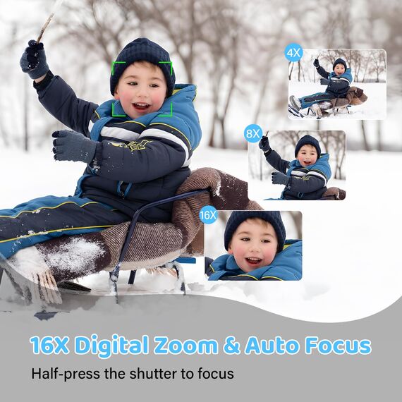 Digitalkamera 4K FHD Vlogging, kompakte Kamera mit 64 MP mit 16-fachem Digitalzoom, wiederaufladbar mit 7,11 cm (2,8 Zoll), Mini-Kinderkamera mit 32 GB Speicherkarte