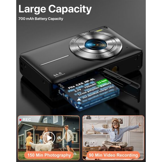 Digitalkamera 1080P 44MP Fotokamera 16X Digitalzoom Kamera, Vlogging Fotoapparat Kompaktkamera mit 2,4" LCD Bildschirm, 32G Micro Speicherkarte, 1 Akku für Kinder Teenager Studenten Anfänger-Schwarz