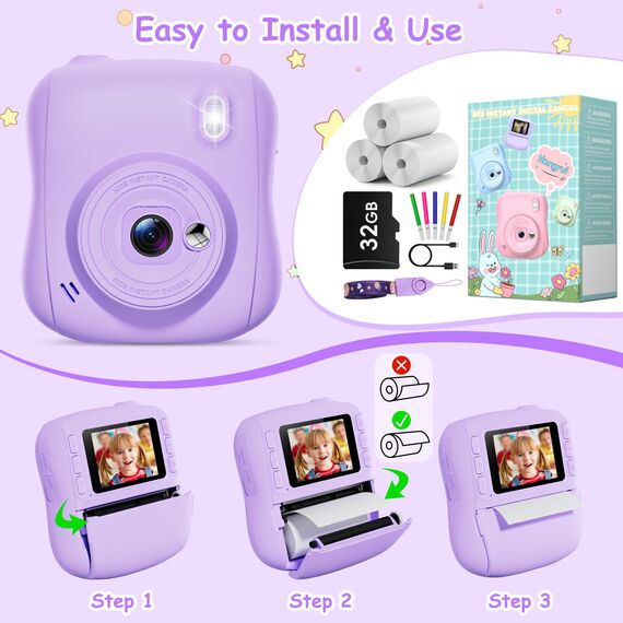 Hangrui Kinderkamera Sofortbildkamera, 14MP Sofortbildkamera Kinder mit 32G Karte & Druckpapier, 1080P Kamera Kinder Sofortdruck mit Farbige Stifte, Geschenk für 3-12 Jungen und Mädchen-Lila