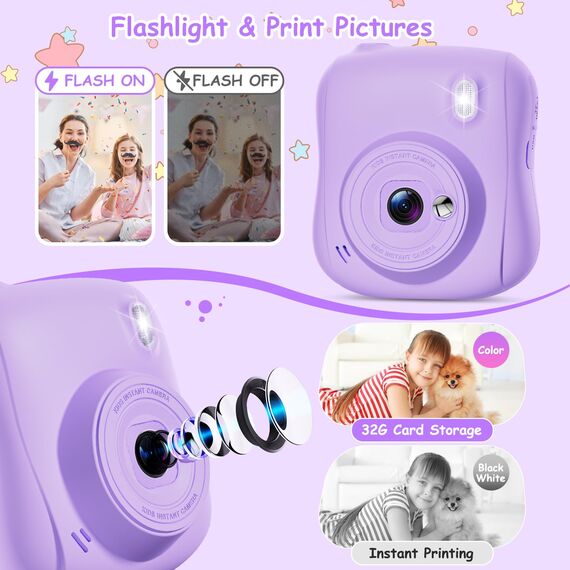 Hangrui Kinderkamera Sofortbildkamera, 14MP Sofortbildkamera Kinder mit 32G Karte & Druckpapier, 1080P Kamera Kinder Sofortdruck mit Farbige Stifte, Geschenk für 3-12 Jungen und Mädchen-Lila