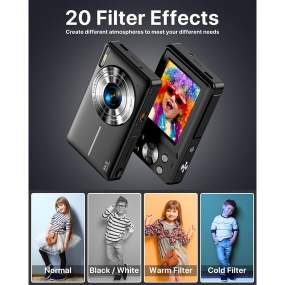 Digitalkamera 1080P 44MP Fotokamera 16X Digitalzoom Kamera, Vlogging Fotoapparat Kompaktkamera mit 2,4" LCD Bildschirm, 32G Micro Speicherkarte, 1 Akku für Kinder Teenager Studenten Anfänger-Schwarz