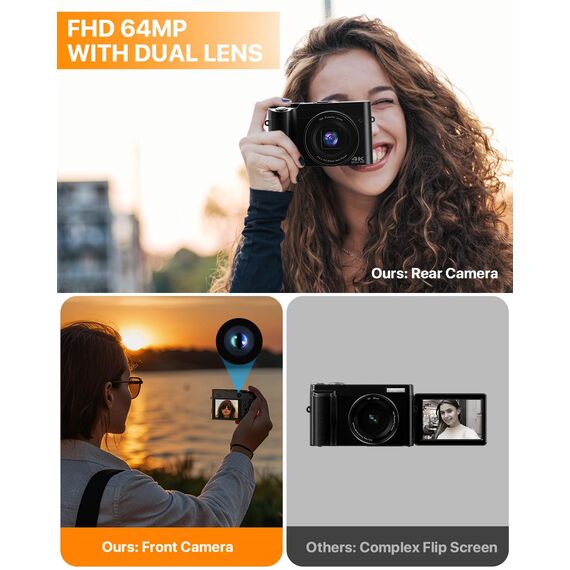 Digitalkamera 4K，64 MP Fotokamera Dual Kamera Anti-Shake Vlogging Fotokamera mit 32GB Speicherkarte, 16X Digitalzoom, 2 Akkus& Ladegerät，und Einsteiger Kompaktkamera für Jugendliche