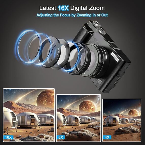 Digitalkamera 4K, 16X Autofokus Digitalzoom Kamera, 48MP 3 Zoll 180° Klappbarer LCD-Bildschirm HD Kompakte Vlog Kamera mit Ladestation, 2 Akkus, 32GB Karte, Geeignet für Anfänger, Kinder