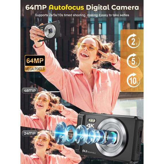 Digitalkamera 4K 64MP, 2.8 Zoll UHD Autofokus Kamera fotokamera, 32GB Karte & Akku,16X Digitalzoom Wiederaufladbare Tragbare Kompaktkameras mit Anfänger Jugendliche