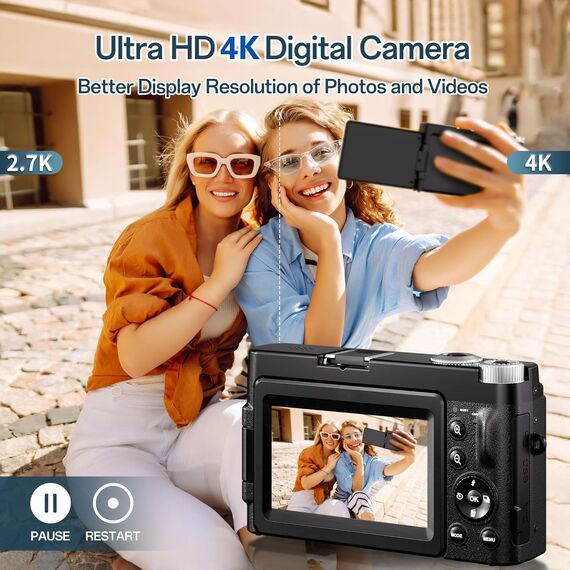 Digitalkamera 4K, 16X Autofokus Digitalzoom Kamera, 48MP 3 Zoll 180° Klappbarer LCD-Bildschirm HD Kompakte Vlog Kamera mit Ladestation, 2 Akkus, 32GB Karte, Geeignet für Anfänger, Kinder