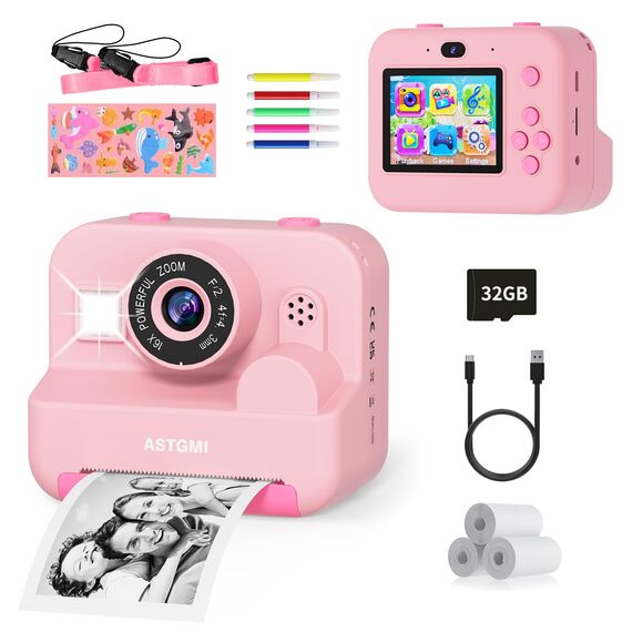 Sofortbildkamera Kinder Mit Selfie,kinderkamera 1080P HD Sofortdruck von Fotos,Geburtstagsgeschenk Weihnachten 5Geschenk Spielzeug ab 3 4 5 6 8 7 9 10 11 Jahre Mädchen Jungen (Rot)
