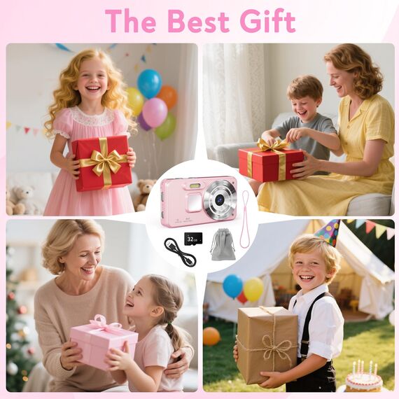 HERBYD Digitalkamera 4K Fotokamera 64MP Kamera Fotoapparat Tragbare Kompaktkamera mit 2,8" LCD Bildschirm, 18X Digitalzoom, 32GB SD Karte, 1 Schlüsselband für Kinder Teenager Anfänger (Rosa)