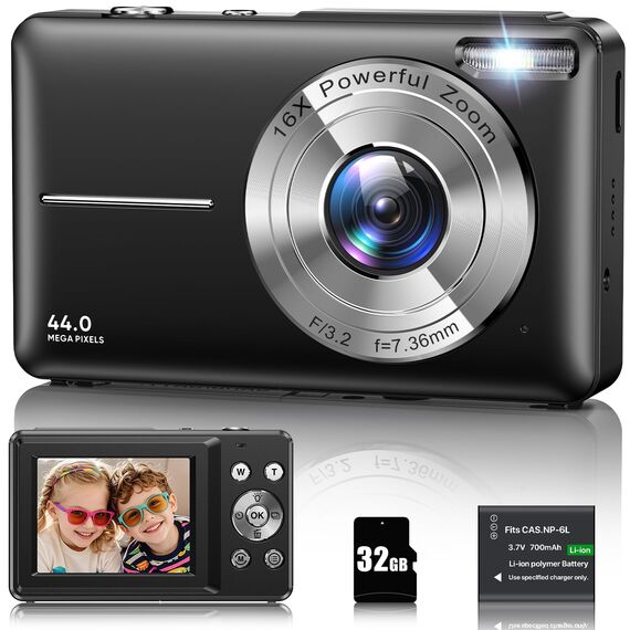 Digitalkamera 1080P 44MP Fotokamera 16X Digitalzoom Kamera, Vlogging Fotoapparat Kompaktkamera mit 2,4" LCD Bildschirm, 32G Micro Speicherkarte, 1 Akku für Kinder Teenager Studenten Anfänger-Schwarz