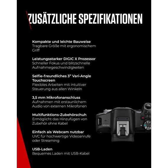 Canon EOS R50 Systemkamera + RF-S 18-45mm is STM Objektiv 2X Batterien (Zusätzliches Akku-Kit) - Spiegellose Kamera (Digitalkamera mit Autofokus + Motiverkennung für Personen Augen Tiere Fahrzeuge.)