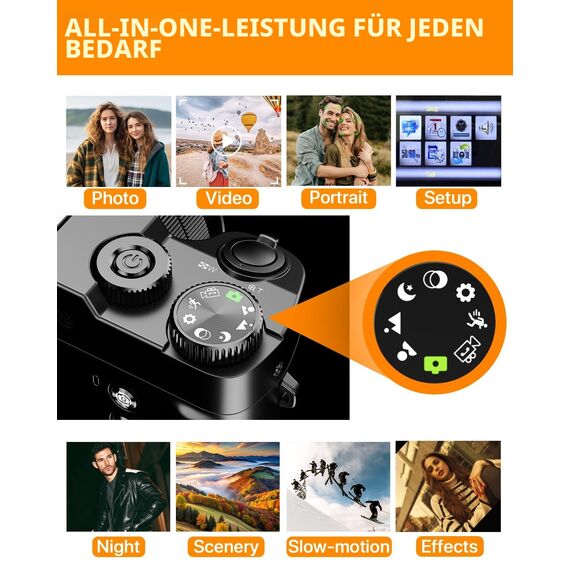 Digitalkamera 4K，64 MP Fotokamera Dual Kamera Anti-Shake Vlogging Fotokamera mit 32GB Speicherkarte, 16X Digitalzoom, 2 Akkus& Ladegerät，und Einsteiger Kompaktkamera für Jugendliche