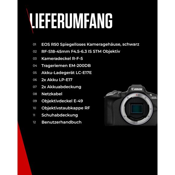 Canon EOS R50 Systemkamera + RF-S 18-45mm is STM Objektiv + 2X Batterien (Zusätzliches Akku-Kit) - Spiegellose Kamera (Digitalkamera mit Autofokus + Motiverkennung für Personen Augen Tiere Fahrzeuge)