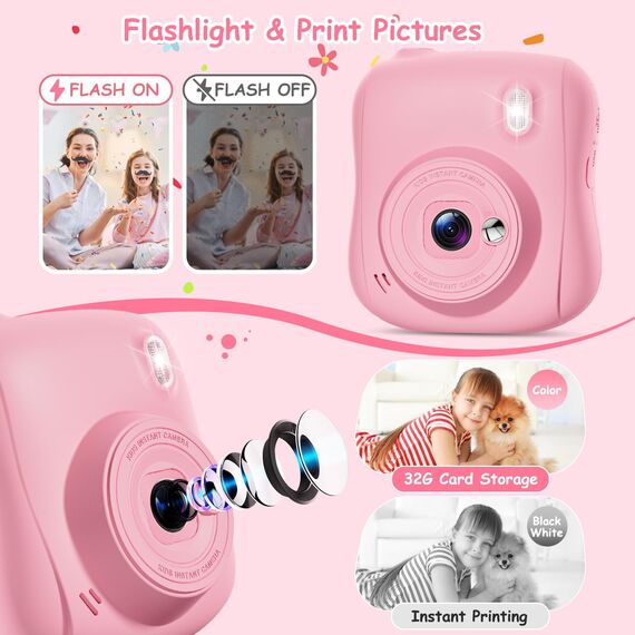 Hangrui Kinderkamera Sofortbildkamera, 14MP Sofortbildkamera Kinder mit 32G Karte & Druckpapier, 1080P Kamera Kinder Sofortdruck mit Farbige Stifte, Geschenk für 3-12 Jungen und Mädchen-Rosa