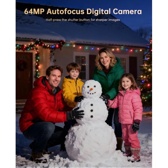 Digitalkamera 4K，64 MP Fotokamera Dual Kamera Anti-Shake Vlogging Fotokamera mit 32GB Speicherkarte, 16X Digitalzoom, 2 Akkus& Ladegerät，und Einsteiger Kompaktkamera für Jugendliche