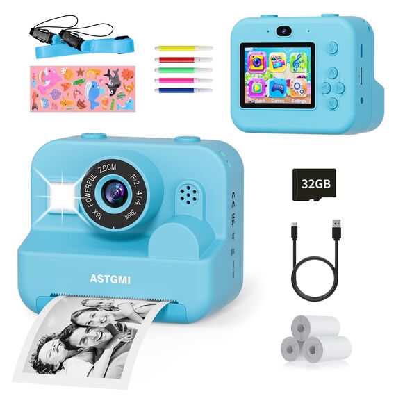 Sofortbildkamera Kinder Mit Selfie,kinderkamera 1080P HD Sofortdruck von Fotos,Geburtstagsgeschenk Weihnachten 5Geschenk Spielzeug ab 3 4 5 6 8 7 9 10 11 Jahre Mädchen Jungen (Blau)