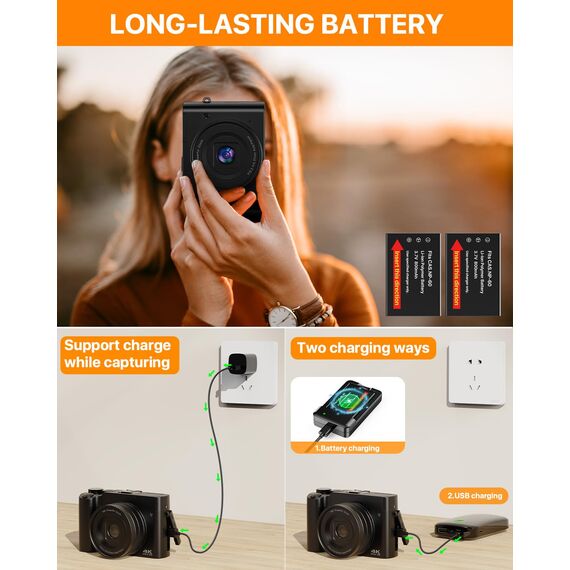 Digitalkamera 4K，64 MP Fotokamera Dual Kamera Anti-Shake Vlogging Fotokamera mit 32GB Speicherkarte, 16X Digitalzoom, 2 Akkus& Ladegerät，und Einsteiger Kompaktkamera für Jugendliche