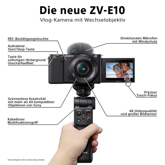 Sony Alpha ZV-E10 APS-C spiegellose Vlog-Kamera mit 16-50mm Objektiv (Display für Vlogging, 4K-Video, Echtzeit-Augen-Autofokus) + ECMW2BT