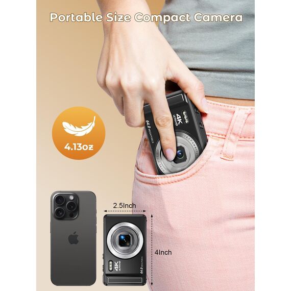 Digitalkamera 4K 64MP, 2.8 Zoll UHD Autofokus Kamera fotokamera, 32GB Karte & Akku,16X Digitalzoom Wiederaufladbare Tragbare Kompaktkameras mit Anfänger Jugendliche