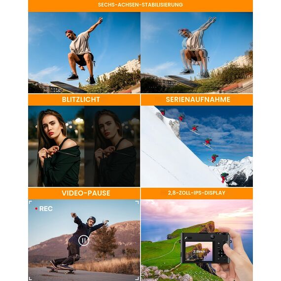 Digitalkamera 4K，64 MP Fotokamera Dual Kamera Anti-Shake Vlogging Fotokamera mit 32GB Speicherkarte, 16X Digitalzoom, 2 Akkus& Ladegerät，und Einsteiger Kompaktkamera für Jugendliche