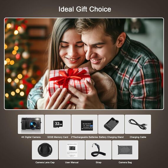 Digitalkamera 4K, 16X Autofokus Digitalzoom Kamera, 48MP 3 Zoll 180° Klappbarer LCD-Bildschirm HD Kompakte Vlog Kamera mit Ladestation, 2 Akkus, 32GB Karte, Geeignet für Anfänger, Kinder