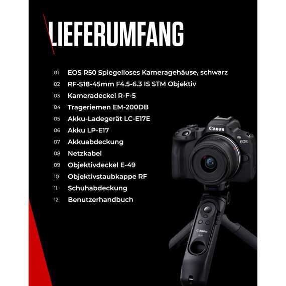Canon EOS R50 Systemkamera + RF-S 18-45mm is STM Objektiv 2X Batterien (Zusätzliches Akku-Kit) - Spiegellose Kamera (Digitalkamera mit Autofokus + Motiverkennung für Personen Augen Tiere Fahrzeuge.)
