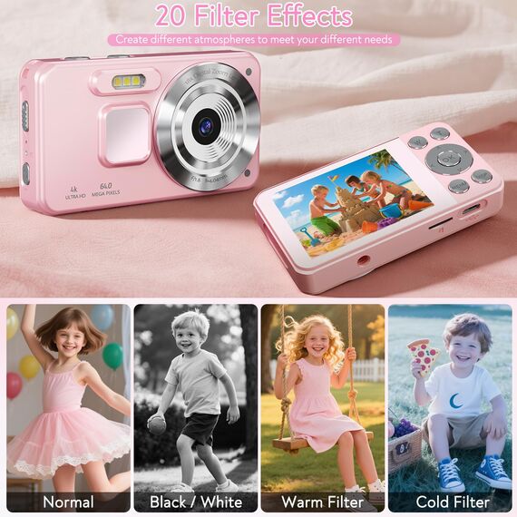 HERBYD Digitalkamera 4K Fotokamera 64MP Kamera Fotoapparat Tragbare Kompaktkamera mit 2,8" LCD Bildschirm, 18X Digitalzoom, 32GB SD Karte, 1 Schlüsselband für Kinder Teenager Anfänger (Rosa)
