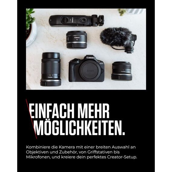 Canon EOS R50 Systemkamera + RF-S 18-45mm is STM Objektiv + 2X Batterien (Zusätzliches Akku-Kit) - Spiegellose Kamera (Digitalkamera mit Autofokus + Motiverkennung für Personen Augen Tiere Fahrzeuge)