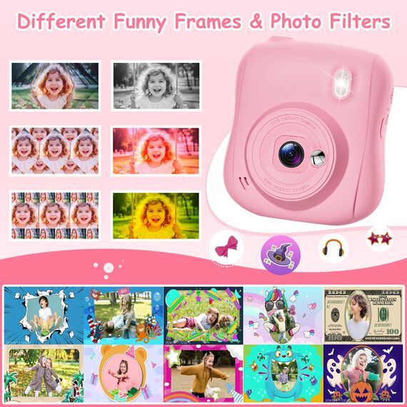 Hangrui Kinderkamera Sofortbildkamera, 14MP Sofortbildkamera Kinder mit 32G Karte & Druckpapier, 1080P Kamera Kinder Sofortdruck mit Farbige Stifte, Geschenk für 3-12 Jungen und Mädchen-Rosa