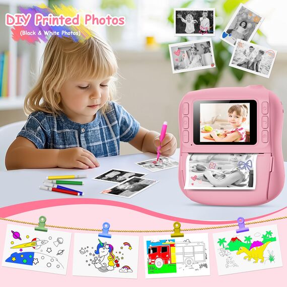 Hangrui Kinderkamera Sofortbildkamera, 14MP Sofortbildkamera Kinder mit 32G Karte & Druckpapier, 1080P Kamera Kinder Sofortdruck mit Farbige Stifte, Geschenk für 3-12 Jungen und Mädchen-Rosa