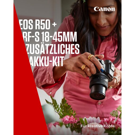 Canon EOS R50 Systemkamera + RF-S 18-45mm is STM Objektiv + 2X Batterien (Zusätzliches Akku-Kit) - Spiegellose Kamera (Digitalkamera mit Autofokus + Motiverkennung für Personen Augen Tiere Fahrzeuge)
