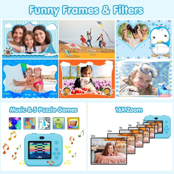 Sofortbildkamera Kinder Mit Selfie,kinderkamera 1080P HD Sofortdruck von Fotos,Geburtstagsgeschenk Weihnachten 5Geschenk Spielzeug ab 3 4 5 6 8 7 9 10 11 Jahre Mädchen Jungen (Blau)