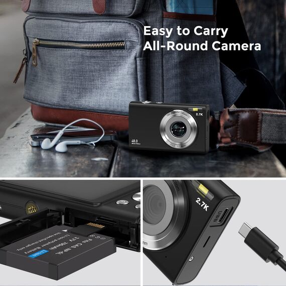 Digitalkamera, STUOGYUM Autofokus Vlogging Kamera FHD 2.7K 48MP Fotokamera Digitalkamera, Wiederaufladbare Kompaktkamera für YouTube Vlogging für Fotografie-Anfänger （Schwarz）