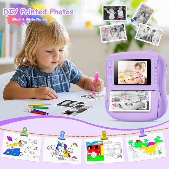 Hangrui Kinderkamera Sofortbildkamera, 14MP Sofortbildkamera Kinder mit 32G Karte & Druckpapier, 1080P Kamera Kinder Sofortdruck mit Farbige Stifte, Geschenk für 3-12 Jungen und Mädchen-Lila