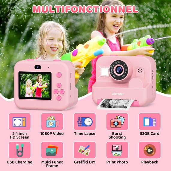 Sofortbildkamera Kinder Mit Selfie,kinderkamera 1080P HD Sofortdruck von Fotos,Geburtstagsgeschenk Weihnachten 5Geschenk Spielzeug ab 3 4 5 6 8 7 9 10 11 Jahre Mädchen Jungen (Lila)