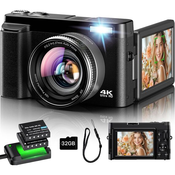 Digitalkamera 4K, 16X Autofokus Digitalzoom Kamera, 48MP 3 Zoll 180° Klappbarer LCD-Bildschirm HD Kompakte Vlog Kamera mit Ladestation, 2 Akkus, 32GB Karte, Geeignet für Anfänger, Kinder