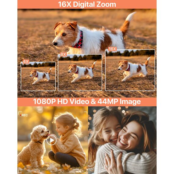 Digitalkamera 1080P 44MP Fotokamera 16X Digitalzoom Kamera, Vlogging Fotoapparat Kompaktkamera mit 2,4" LCD Bildschirm, 32G Micro Speicherkarte, 1 Akku für Kinder Teenager Studenten Anfänger-Schwarz