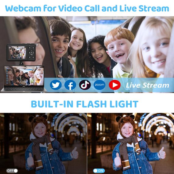 Digitalkamera 4K FHD Vlogging, kompakte Kamera mit 64 MP mit 16-fachem Digitalzoom, wiederaufladbar mit 7,11 cm (2,8 Zoll), Mini-Kinderkamera mit 32 GB Speicherkarte
