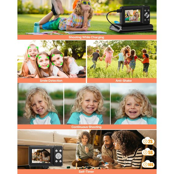 Digitalkamera 1080P 44MP Fotokamera 16X Digitalzoom Kamera, Vlogging Fotoapparat Kompaktkamera mit 2,4" LCD Bildschirm, 32G Micro Speicherkarte, 1 Akku für Kinder Teenager Studenten Anfänger-Schwarz