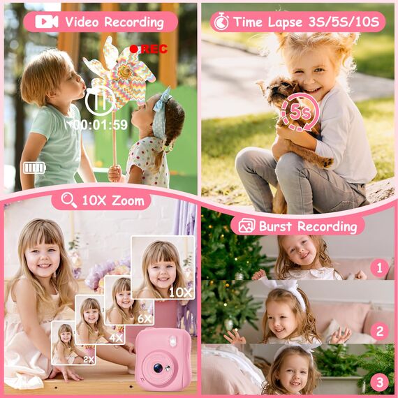 Hangrui Kinderkamera Sofortbildkamera, 14MP Sofortbildkamera Kinder mit 32G Karte & Druckpapier, 1080P Kamera Kinder Sofortdruck mit Farbige Stifte, Geschenk für 3-12 Jungen und Mädchen-Rosa