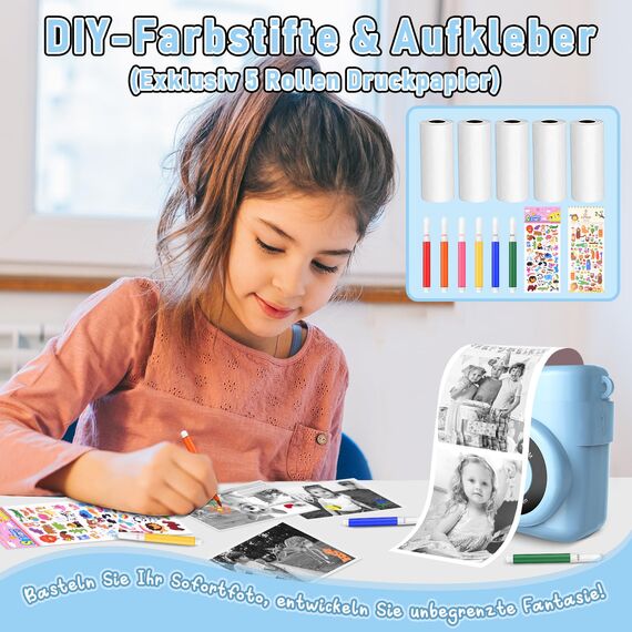 MILFECH Kinderkamera Sofortbildkamera, 1080P 2,4 Zoll Bildschirm DigitalKamera Kinder mit 5 Rollen Druckpapier,32GB Karte, Fotokamera mit 6 Farbigen Stiften,2 Aufkleber Geschenk für Kinder(Blau)