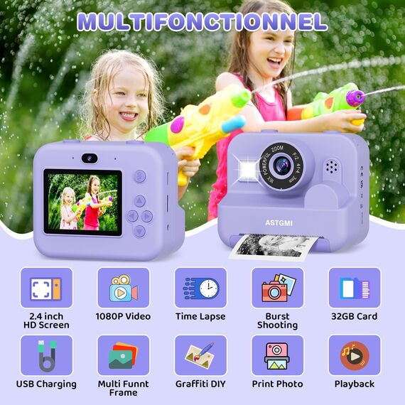 Sofortbildkamera Kinder Mit Selfie,kinderkamera 1080P HD Sofortdruck von Fotos,Geburtstagsgeschenk Weihnachten 5Geschenk Spielzeug ab 3 4 5 6 8 7 9 10 11 Jahre Mädchen Jungen (Rosa)