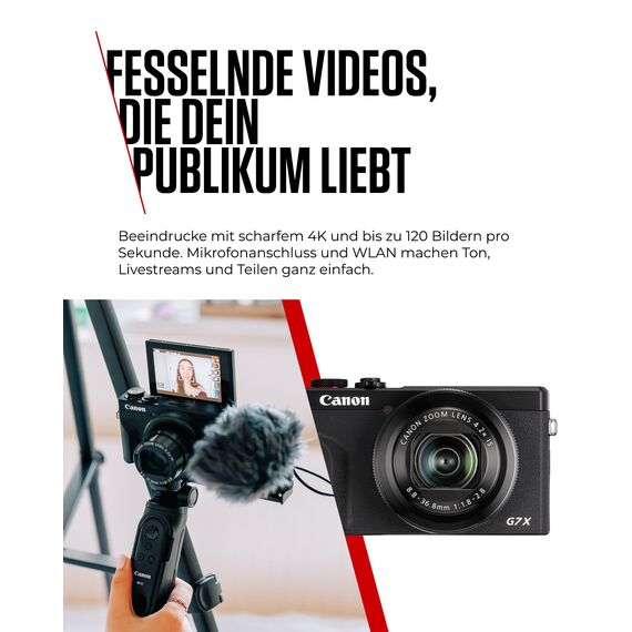 Canon PowerShot G7 X Mark III (Schwarz) – Kompakte Digitalkamera mit 1-Zoll-Sensor & 4K-Video – Ideal bei wenig Licht & auf Reisen – Mit WLAN & Bluetooth - Geliebt Für Kreatives Unterwegs
