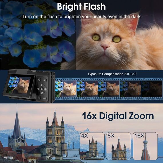 4K 64MP Digitalkamera, 180° Drehbildschirm Autofokus Kamera Fotoapparat mit Makrofunktion und 16-fachem Digitalzoom Kompaktkamera für Teenager Junge Mädchen 8-16 Jahre