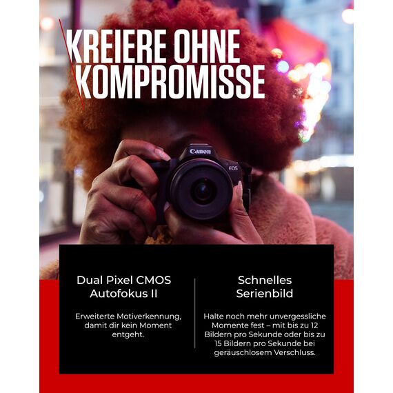 Canon EOS R50 Systemkamera + RF-S 18-45mm is STM Objektiv + 2X Batterien (Zusätzliches Akku-Kit) - Spiegellose Kamera (Digitalkamera mit Autofokus + Motiverkennung für Personen Augen Tiere Fahrzeuge)