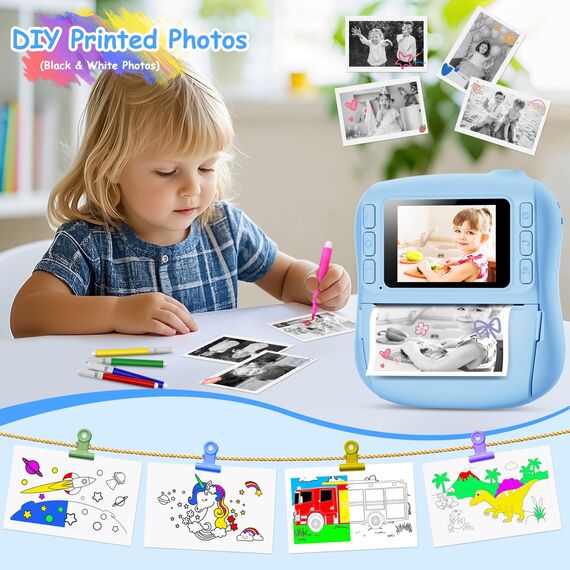 Hangrui Kinderkamera Sofortbildkamera, 14MP Sofortbildkamera Kinder mit 32G Karte & Druckpapier, 1080P Kamera Kinder Sofortdruck mit Farbige Stifte, Geschenk für 3-12 Jungen und Mädchen-Blau