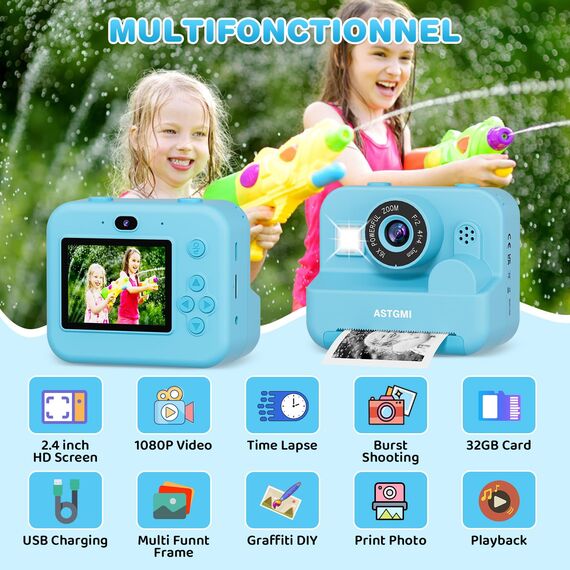 Sofortbildkamera Kinder Mit Selfie,kinderkamera 1080P HD Sofortdruck von Fotos,Geburtstagsgeschenk Weihnachten 5Geschenk Spielzeug ab 3 4 5 6 8 7 9 10 11 Jahre Mädchen Jungen (Blau)